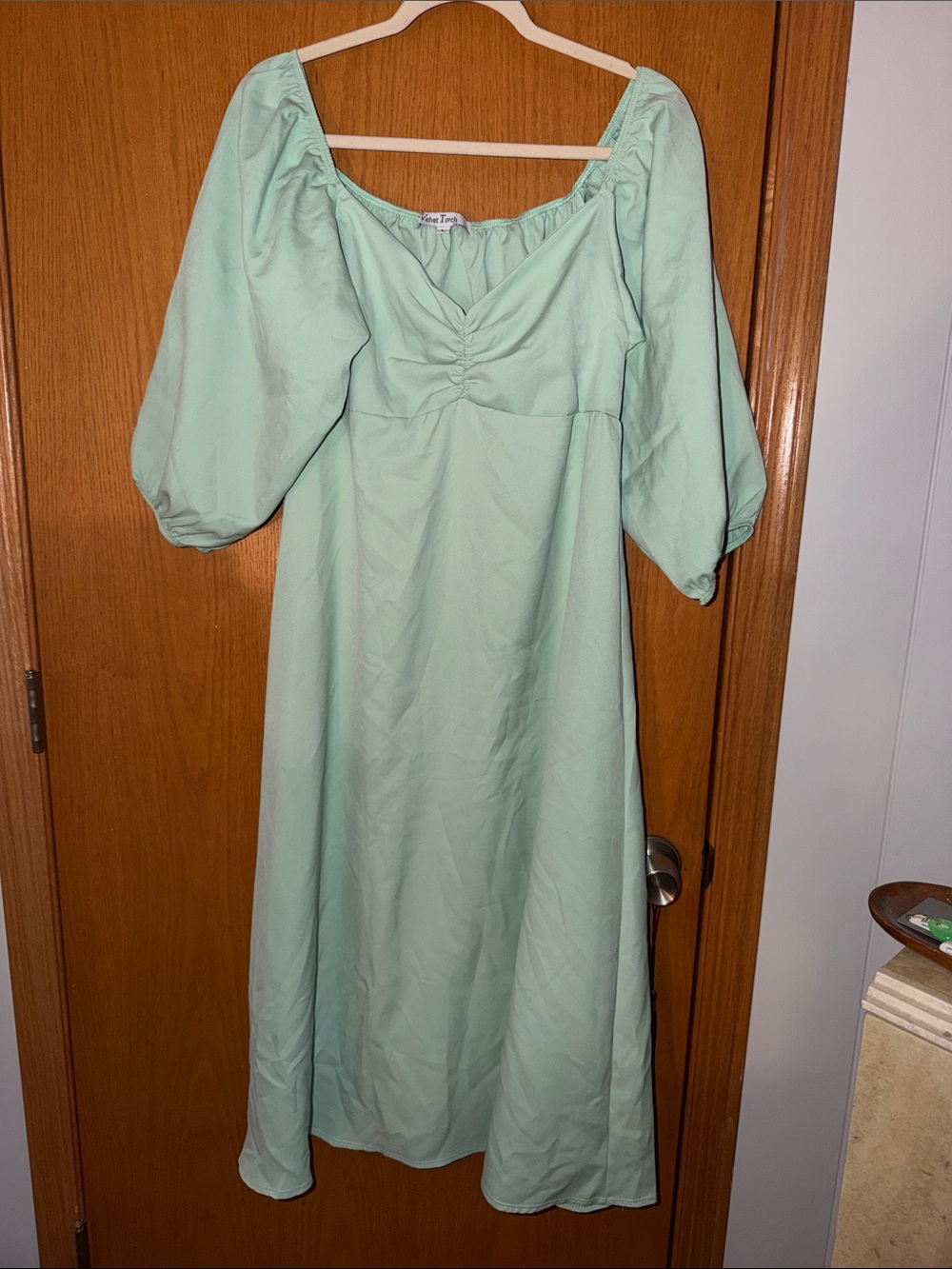 Velvet Torch Soft Mint Midi Dress with Puff Sleeves